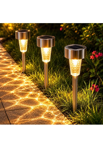 Solar Bahçe Aydınlatma Lambası 3 Adet Paslanmaz Çelik Led Saksı & Yol Işığı Sarı