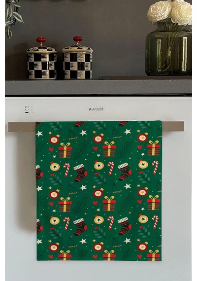 Yeşil Yeni Yıl Temalı Yılbaşı Fırın Mutfak Havlusu 30x50cm Açık Bej