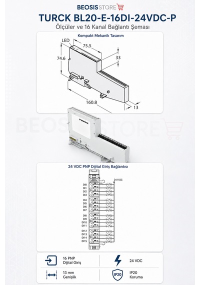 Turck Bl20-e-16dı-24vdc-p 16 Kanal Dijital Giriş Modülü