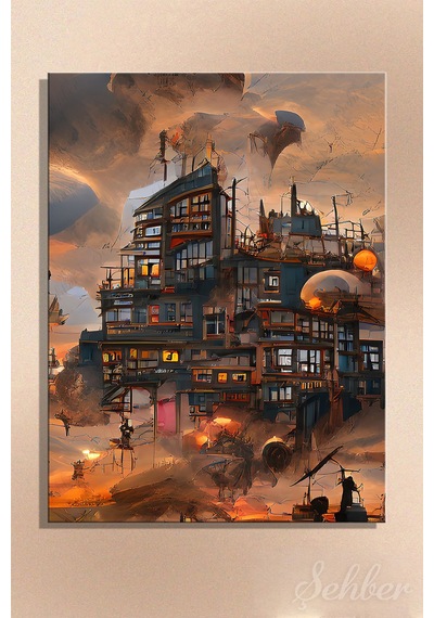 Dikey Kanvas Tablo Tekli Ev Kafe Ofis Steampunk Veya Post-apokaliptik Şehir Konsepti 2725