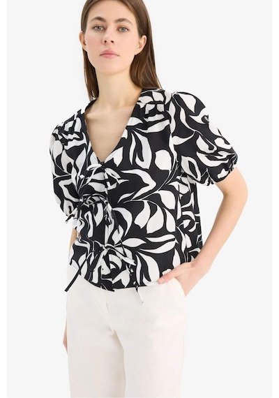 Defacto Regular Fit V Yaka Desenli Önden Bağlamalı Kısa Kollu Bluz F0090ax25smwt34 Beyaz