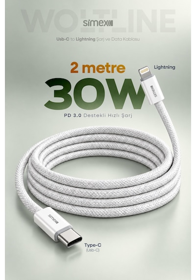 Type-c To Lightning 2 Metre Kablo 30w Pd Hızlı Şarj İphone 11 12 13 14 Uyumlu