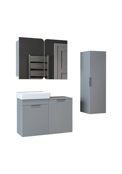 Dubai Mdflam Sepetli Banyo Dolabı Seti, Lavabolu Alt Dolap + Aynalı Banyo Üst Dolabı + Boy Dolabı Kül Gri Dubai Mdflam Sepetli Banyo Dolabı Seti, Lavabolu Alt Dolap + Aynalı Banyo Üst Dolabı + Boy Dolabı Kül Gri