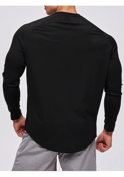Ghassy Co. Erkek Running Sports Reglan Oval Kesim Uzun Kollu Pamuklu Penye T-shirt Siyah