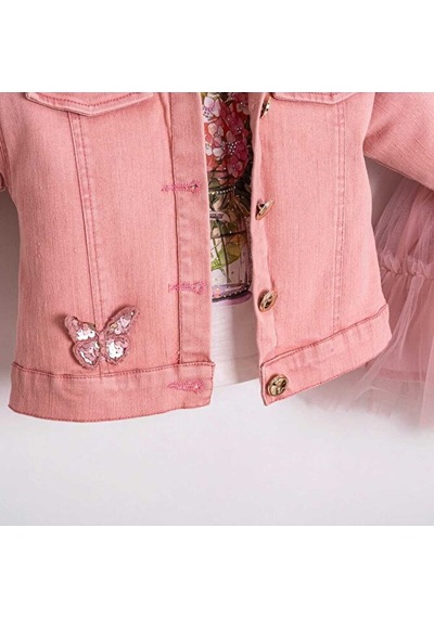 Ministok Butterfly Kız Çocuk Ceket Tütü Etek T-shirt 3'lü Takım Pembe