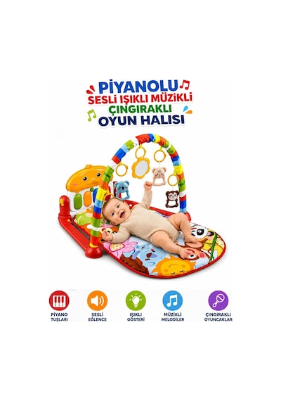 Oyuncak Piyanolu Sesli Işıklı Müzikli Çıngıraklı Bebek Oyun Halısı / Aynalı Aktivite Halısı / 0-6 Ay Ve 6+