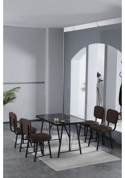 Hayat 70x110cm Sabit Bendir Mutfak Masası, Mutfak Masası Takımı, Yemek Masası, 4 Kahverengi Sandalye Kahverengi