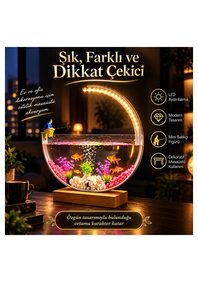 Led Işıklı Dekoratif Masaüstü Akvaryum Yarım Ay Tasarım Hava Kabarcıklı Balık