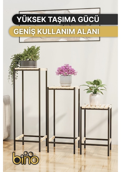 Bino Çiçeklik 3 Lü Set Ahşap Saksılık Dekoratif Lüks Bahçe Mobilyası Saksı Standı Bahçe Balkon Rafı