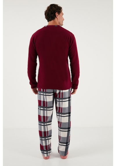 Buratti Ekoseli Regular Fit Düğmeli Bisiklet Yaka Kışlık Polar Erkek Pijama Takımı 60961008 Bordo