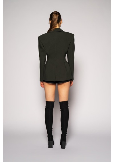Kadın Koyu Haki Agraflı Bele Oturan Blazer Koyu Haki