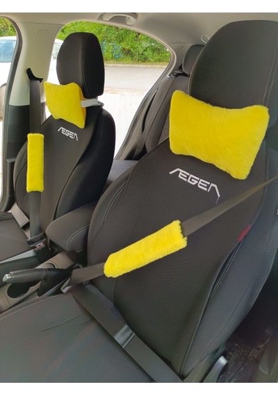 Peluş Ortopedik Araba Seyahat Boyun Yastığı Emniyet Kemer Pedi Seti Sarı Renk