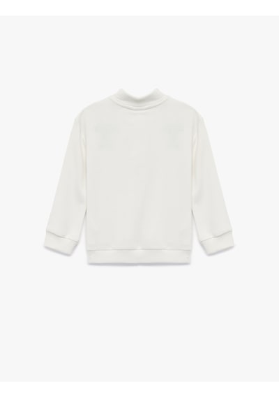 Koton Ayıcık Detaylı Yarım Fermuarlı Uzun Kollu Dik Yaka Oversize Sweatshirt Ekru 7wmb10066tk