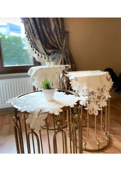 Salon Takımı Çeyizlik Helena Model Krem 5 Parça Keten Dantelli Runner Seti Çok Renkli