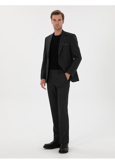 Cacharel Antrasit Slim Fit Mikro Desenli Mono Yaka Yün Karışımlı Takım Elbise Gri