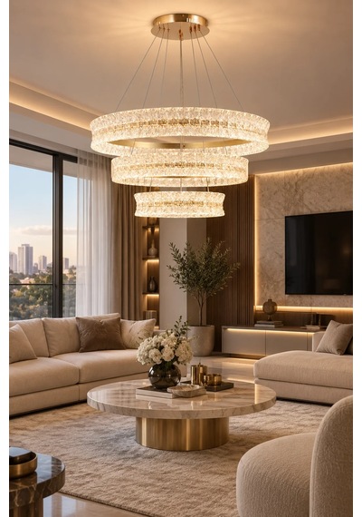 Modern Premıum Lüks Ledli Avize 3 Renkli Gold Sarkıt Salon Avizesi 416w Beyaz
