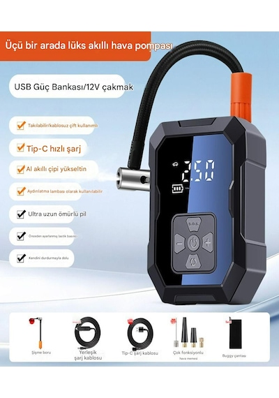 H-9293 Akıllı 4000mah Şarjlı Hava Pompası Kompresörü 150psi Araç Lastik, Bisiklet, Top Şişirme Oto Hava Kompresörü Digital
