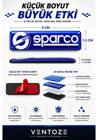 Sparco Damla Etiket 3d Reçine Logo Sticker Oto Araç İçi Dekoratif Aksesuar 6x1,5 Cm