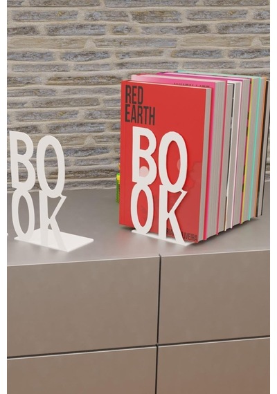 Dekoratif Beyaz Book Yazı Tasarımlı Kitap Tutucu Desteği Metal Kitap Tutucu İkili Set Mk3b