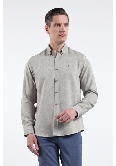 İmza Kahverengi - Beyaz Düğmeli Yaka Uzun Kol Cepsiz Slim Fit Pamuklu Gömlek 1004260164