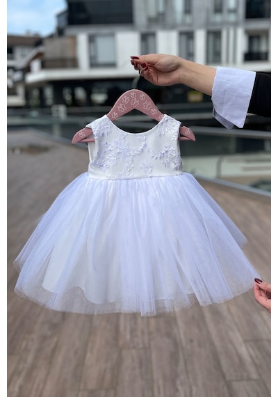 Dantelli Kristal Tül Akasya Beyaz Gelinlik Kız Çocuk Bebek Düğün Mevlüt Elbise 001