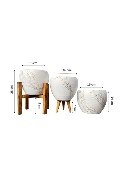 BİTKİ TASARIMI EV DEKORASYON BEYAZ ÜZERİ GOLD MERMER EFEKTLİ TOPRAK SAKSI SAKSILIK SALON ÇİÇEKLİK ÜÇLÜ SET - 15 CM