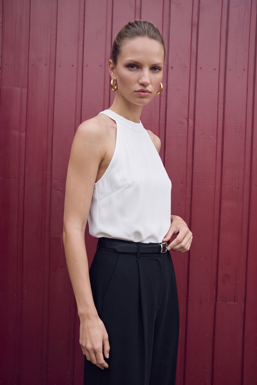 Sateen Halter Yaka Bluz - Ekru-137735