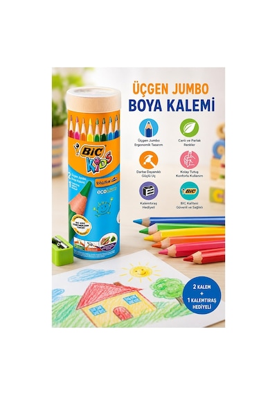 12 Li Jumbo Kuru Boya Kalemi Teneke Kutu 1 Paket Bic Kalın 12 Renk Jumbo Kuruboya Tam Boy Renkli Kalem Çok Renkli