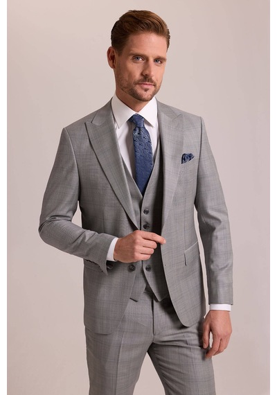 Erkek Gri Krem Slim Fit Sivri Yaka Yelekli Yün Kareli Takım Elbis Gri - Krem