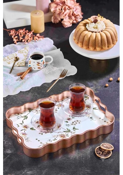 Dijital Baskılı Cam Servis Tepsisi Çiçek Motifli Bakır Renk , 40x28 Cm