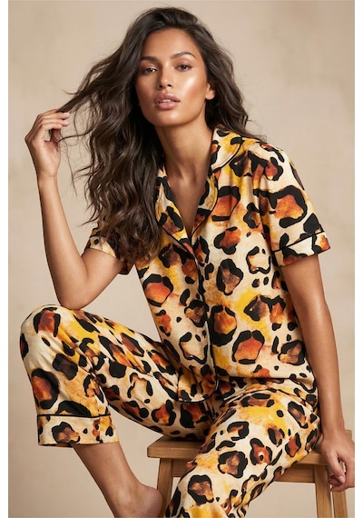 Siyah İnci Kısa Kollu Düğmeli Biyeli Pijama Takım7817 Sarı Büyük Leopar