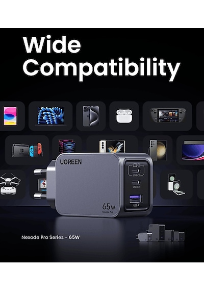Ugreen Nexode Pro 65 W QC PD 2xUSB-C 1xUSB-A Gan Hızlı Şarj Cihazı Uzay Grisi