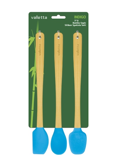 Valletta Indigo 3'lü Turkuaz Bambu Silikon Spatula Seti Uzun 26cm