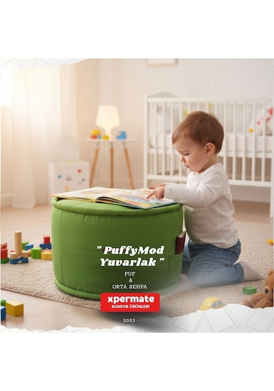 Dekoratif Yuvarlak Puf Orta Sehpa Puf 60x42 Cm Puffymod Yeşil