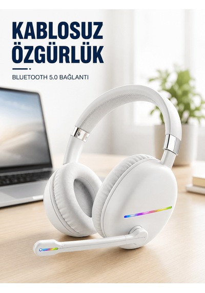 Kablosuz Bluetooth Mikrofonlu Beyaz Kulaklık Rgb Işıklı - 2000