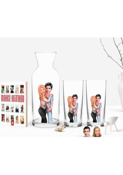 Kişiye Özel Renkli Baskılı Sevgililer Karikatürlü İkili Rakı Bardağı Karaf Ve Cep Kitabı Hediye Seti-85