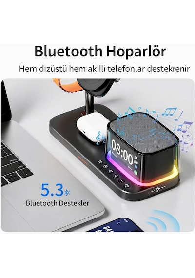 5 İ 1 Arada 25w Qi2 Kablosuz Şarj Standı Bluetooth Hoparlör Alarm Saat Led Gece Işığı