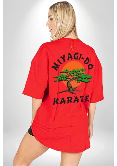 Miyagi-do Karete Çocuk Logo Dizi Bonzai Ağaç Kırmızı Oversize Unisex Ön Ve Sırt Baskılı Tişört Kırmızı