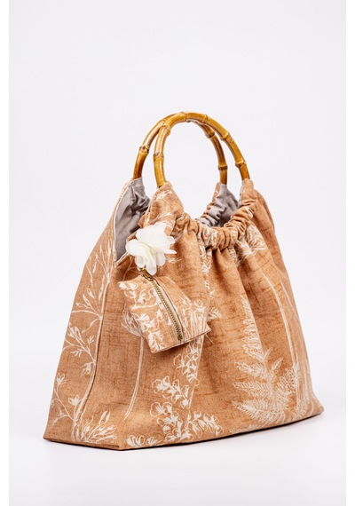 Fabric Craft Bag El Çantası Keten Kumaş Bambu Saplı Çiçek Desen Taba - Kahverengi
