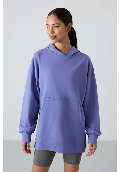 Tommy Life Eflatun Balon Kol Yazı Nakışlı Kadın Oversize Tunik Sweatshirt - 97163 Eflatun