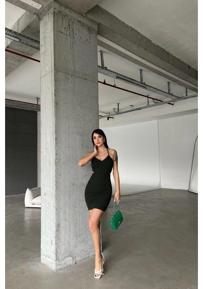 E-bulurum Kadın Krep Kumaş V Yaka Kemerli Mini Askılı Elbise Kahverengi