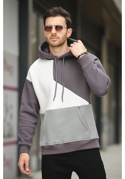 Placide Üç İplik Pamuklu Parçalı Kapüşonlu Erkek Sweatshirt 001