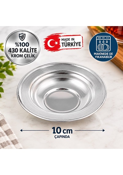 6 Lı 430 Kalite Krom Çelik Çay Tabağı Ve Kahvaltılık Kase Seti 10 Cm Gümüş