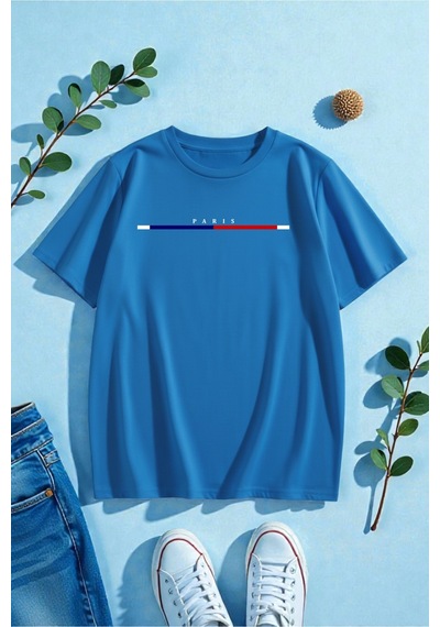 Uyguntarz Unisex Paris Baskılı Tasarım Tshirt Mavi