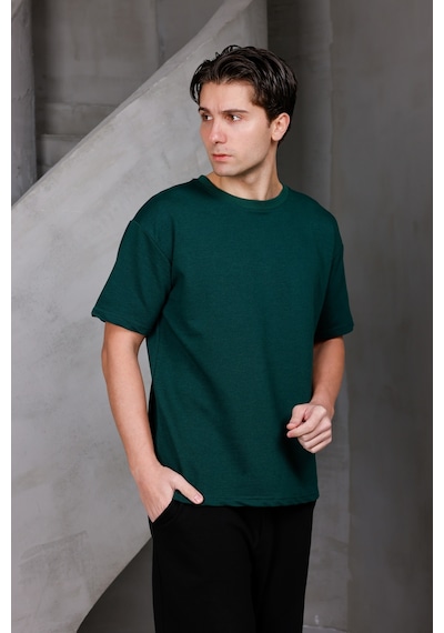 Erkek Basic Oversize Bisiklet Yaka 2 İki İplik Kompakt T-shirt Nefti