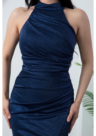 Kalopya Halter Yaka Yırtmaçlı Simli Elbise Drp0013 Lacivert