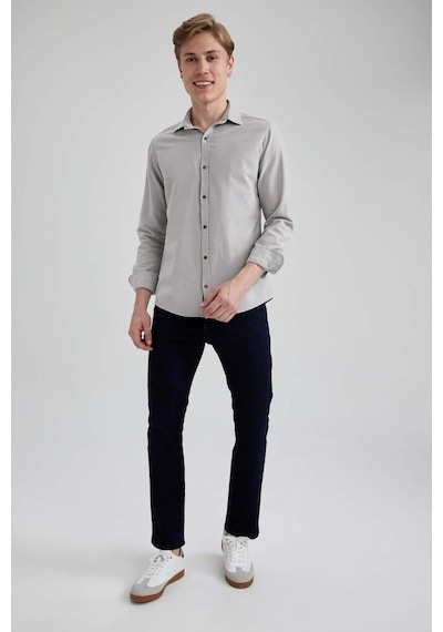 Defacto Slim Fit Dar Kesim Pamuklu Basic Düz Uzun Kollu Gömlek A4644AX23AUGR91 Gri