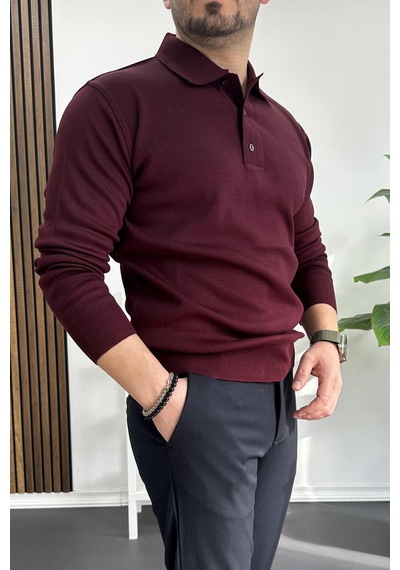 Edwox Erkek Düğmeli Polo Yaka Kazak Bordo Edw231 Bordo