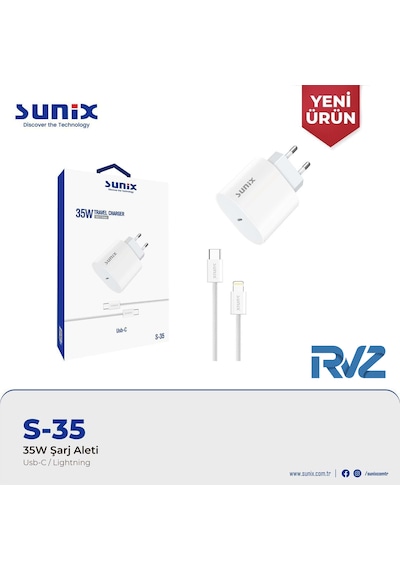 Sunix S-35 35w Apple Uyumlu iPhone Hızlı Şarj Cihazı Type-c Pd Destekli Adaptör + Lightning Kablo Beyaz