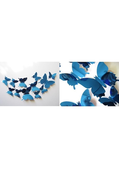Ev Dekorasyon 3D Pvc Kelebek 12 Li Duvar Süsleme Mavi Aynalı V1